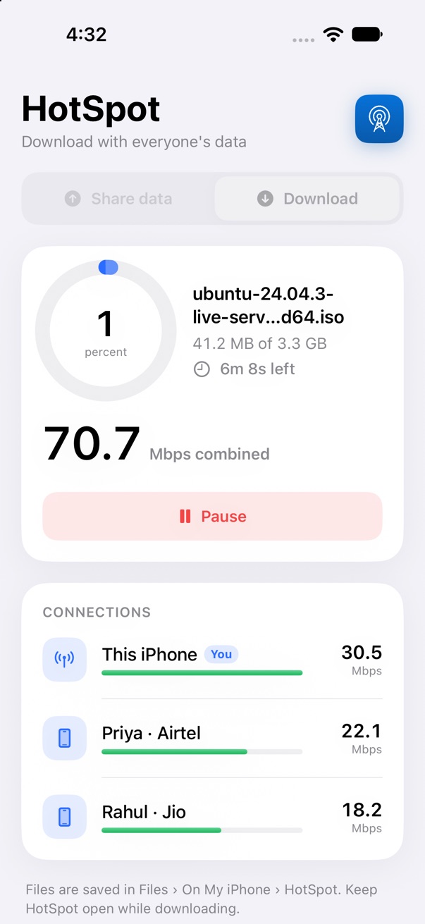 HotSpot downloading a file at 70 Mbps using three phones